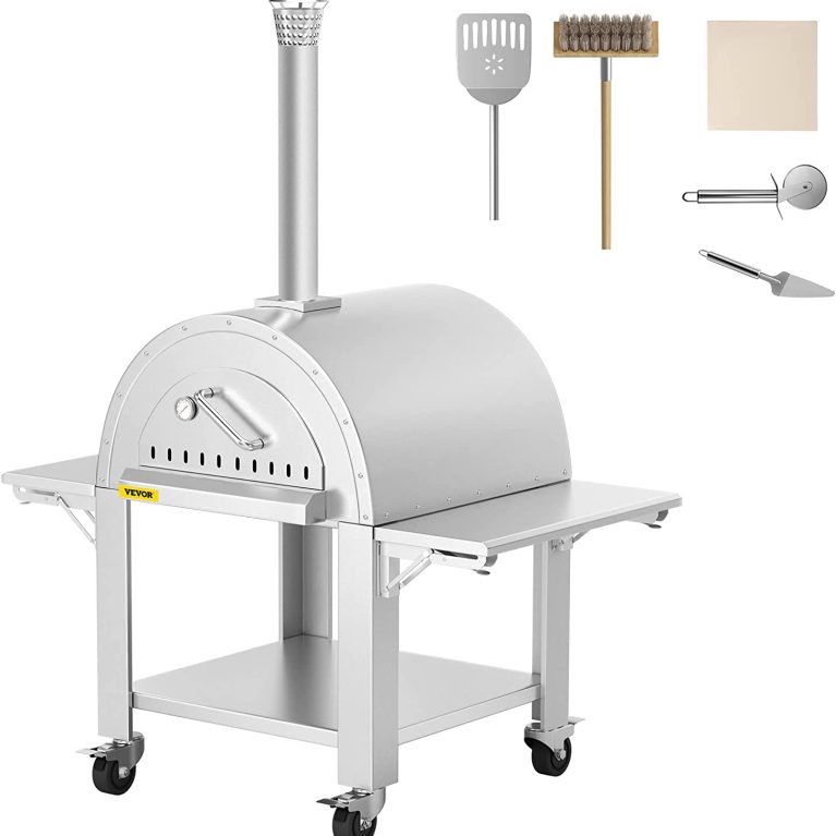Horno de Pizza de Acero Inoxidable para exteriores VEVOR Horno de Pizza a Leña con Pala y Piedra para Pizza Horno de Pizza a Leña Área de cocción 66x74x38 cm Móvil con Ruedas Termómetro Pellets Carbón para Jardín